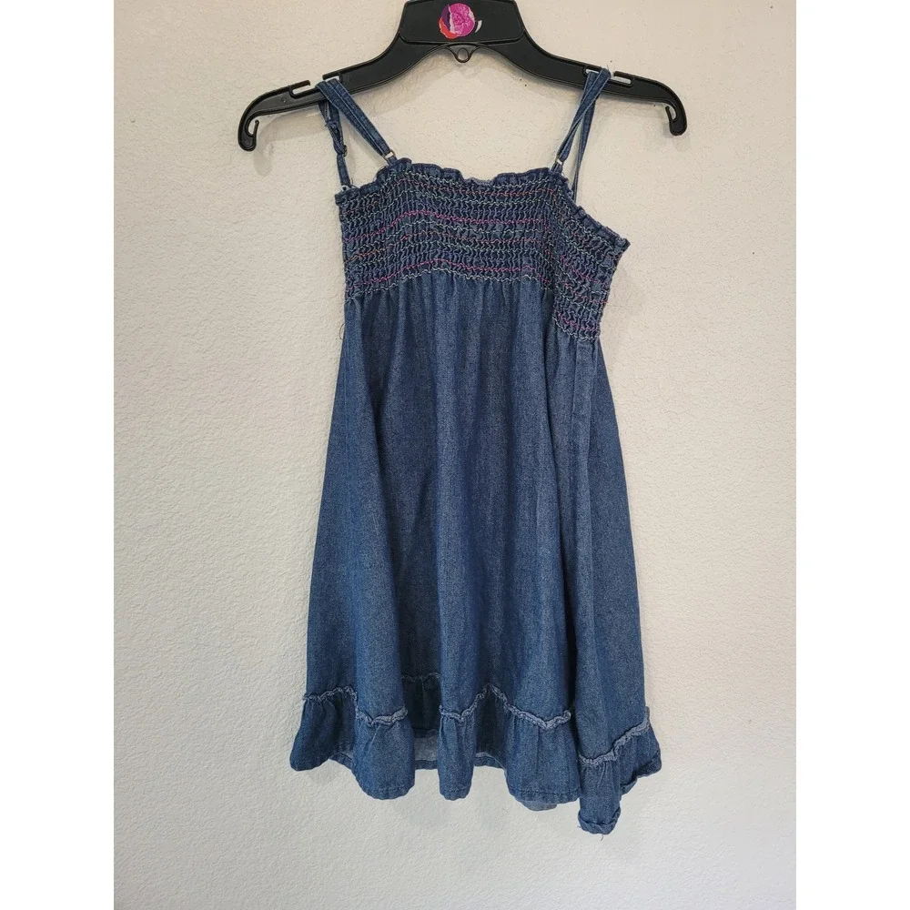 Star Ride‎ Girls Denim Smocked Rainbow Sundress Blue Ruffle Hem Size 6 #5